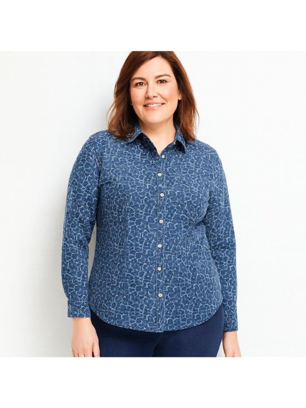 Talbots Womens Chambray Shirt Button Front Blue Animal Print Roll Sleeve Size 14